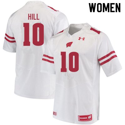 Women's Wisconsin Badgers NCAA #10 Deacon Hill White Authentic Under Armour Stitched College Football Jersey OO31I04SA